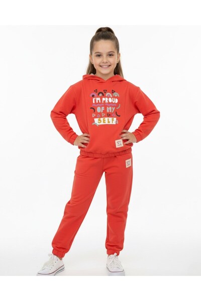 VOY KİDS Girl's 6-7-8-9-10 Years Old Hoodie Transitional Sports Tracksuit Set / Bottom and Top Set