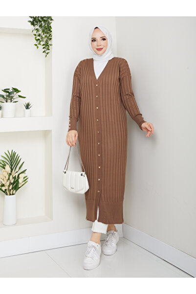 KMKkombin Women's Long Sleeve Striped Detail Buttoned Cardigan