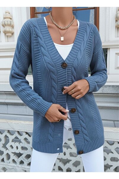 Cemre Life Women's Knitted Buttoned Thick Knitwear Cardigan