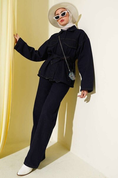 TrendParis Denim Dot Suit with Waist Tie Detail