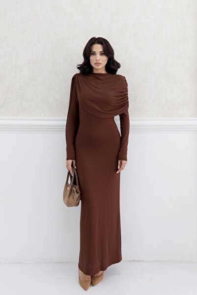 Serica Moda Brown Shoulder Draped Shawl Collar Dress