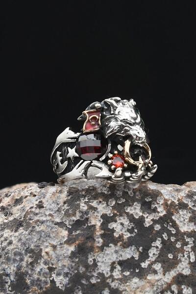 Prestige Ay Yıldızlı - Ay Yıldız ve Kurt Figürlü ve Kırmızı Zirkon Taşlı 925 Ayar Gümüş Erkek Yüzük 902327