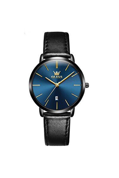 OLEVS Ceas de dama , curea piele naturala, negru, cadran albastru