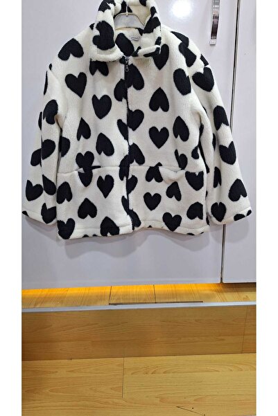 NUR TEKSTİL kadın beyaz siyah kuzu pelüş Kalpli standart Mont 36-44 bedene ka...