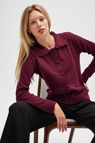Peraluna Laila, Plain Knit, Polo Neck, Women's Knit Cardigan - Burgundy