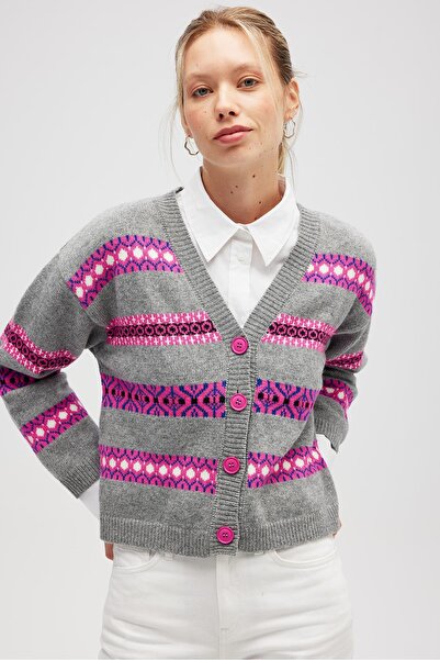 Peraluna Sephora Jacquard Women's Knitwear Cardigan - Gray Melange Multi