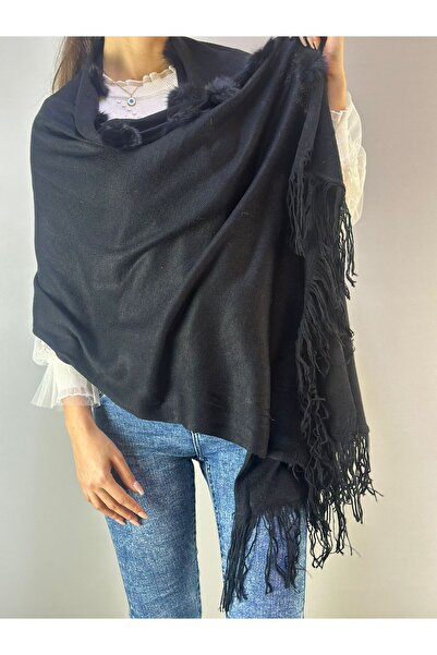 Gönülden Tasarım Black Tricot Pompon Soft Women's Shawl 180X70 cm