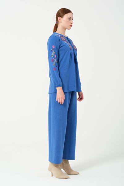 Hatun Atila Hatunatila Hera Fabric Front and Sleeves Authentic Embroidered Tassel Double Suit 7665 Blue