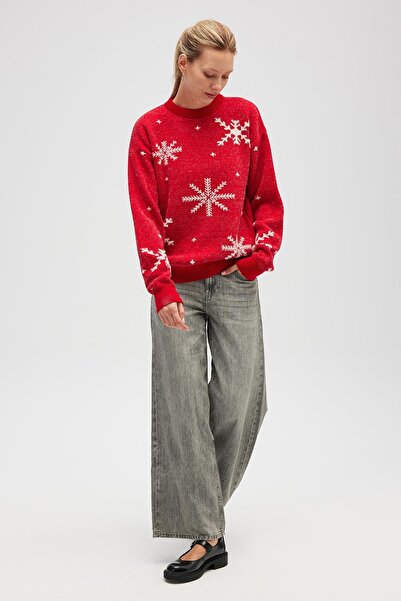 Peraluna Snowflake Kartanesi Desenli Unisex Yılbaşı Kazağı - Kırmızı