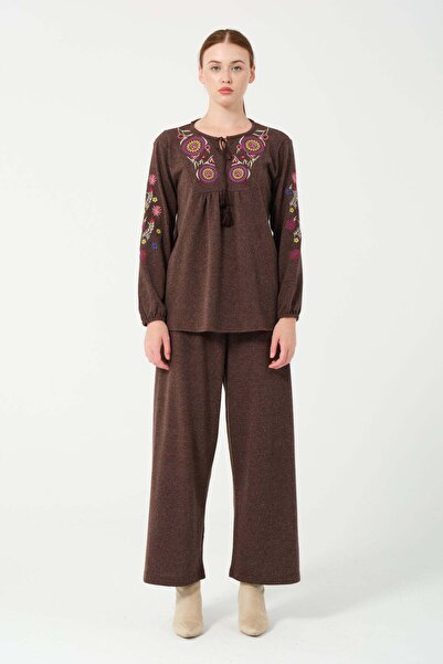 Hatun Atila Hatunatila Hera Fabric Front and Sleeves Authentic Embroidered Tassel Double Suit 7665 Brown