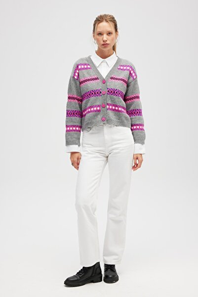 Peraluna Sephora Jacquard Women's Knitwear Cardigan - Gray Melange Multi