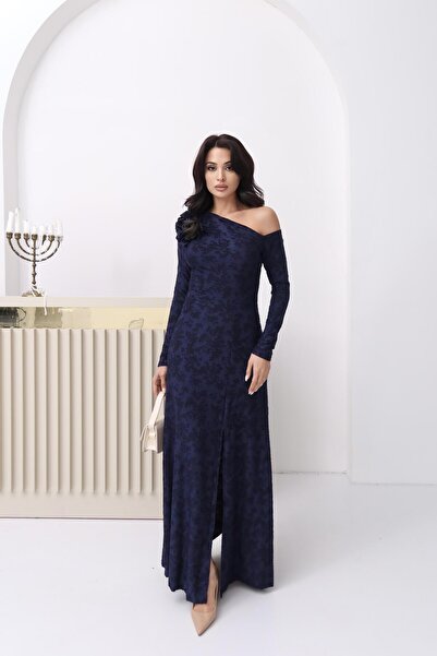 Serica Moda Navy Blue Floral Detailed One Shoulder Dress