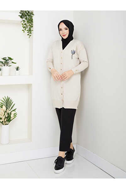 KMKkombin Women's Long Sleeve Knit Cardigan with Stone Detail on the Chest an...