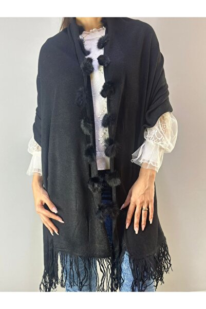 Gönülden Tasarım Black Tricot Pompon Soft Women's Shawl 180X70 cm