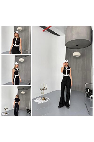 HEDEF DAİSY Women's Clothing White Striped Crop Top and High Waist Detailed Pants Two Piece Set