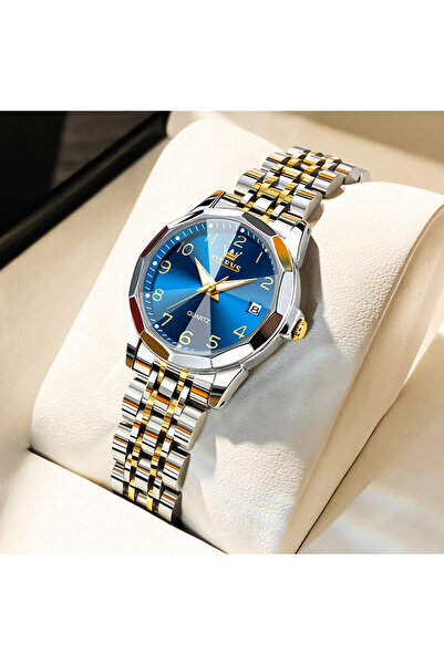 OLEVS Ceas de dama , otel inoxidabil, argintiu-auriu, cadran albastru