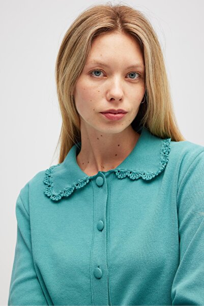 Peraluna Laila, Plain Knit, Polo Neck, Women's Knit Cardigan - Eucalyptus Green