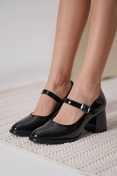 TRENDELLA حذاء بكعب نسائي من الجلد الأسود اللامع من كيلي