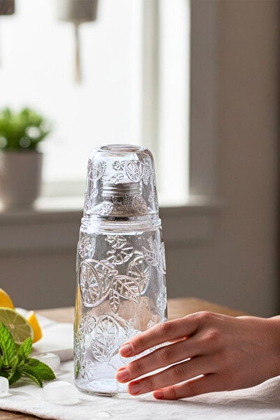 Home Lemora Cam Başucu Sürahisi 1200 ml Desenli Kapaklı Su Şişesi