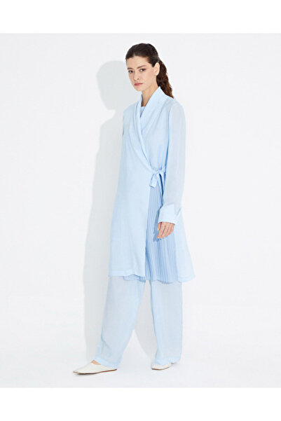MISS DALIDA T23Y-8003 Beli Bağlamanlı Plise Detaylı Kupra Ceket BLUE