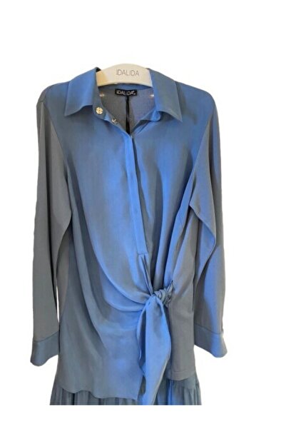 MISS DALIDA T24Y-6037 Beli Bağlama Detaylı Cupro Tunik 1236-BLUE