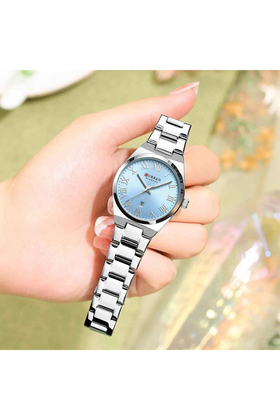 Curren Ceas elegant de damă 9095L, cuarț, cadran albastru, brățară și carcasă argintii, calendar, 3 ATM