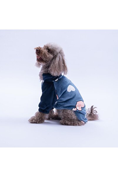 Pawstar Mavi Verona Ceket Mavi Kalp Desenli Yumuşak Çıtçıtlı Kedi Köpek Ceketi Kedi Köpek Kıyafeti Kedi Köpe