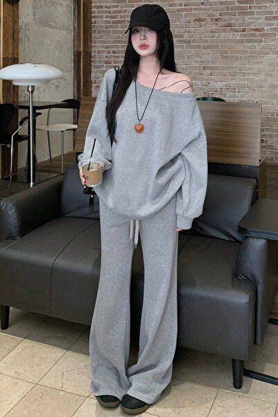 COOL TARZ Women's Off-Shoulder Soft Basic Sweat Tracksuit Set