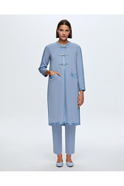 MISS DALIDA T24K-8011 Deri Detaylı Agraf Kapamalı Triko Kap OVALE-BLUE