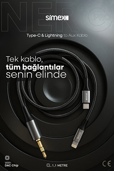 Simex Type C Iphone Lightning To 3.5mm Aux Kumaş Örgülü Ses Kablosu 2in1 DAC Çipli Stereo Destekli