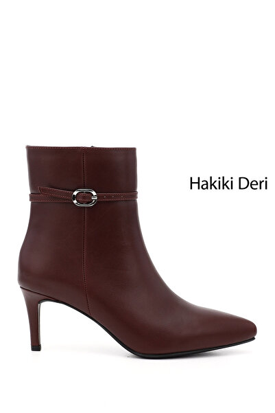 GÖNDERİ(R) Women / Girls Burgundy Platinum Zippered Thin Heeled Genuine Leather Boots