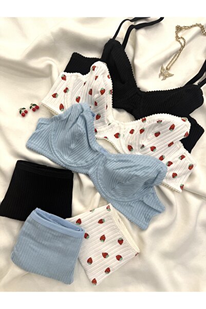 İNKO İÇ GİYİM 3 Colorful Underwire Patterned Cotton Bra Set