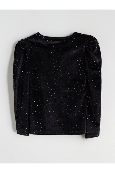 LC Waikiki Crew Neck Rhinestone Velvet Girls' T-Shirt (W5)
