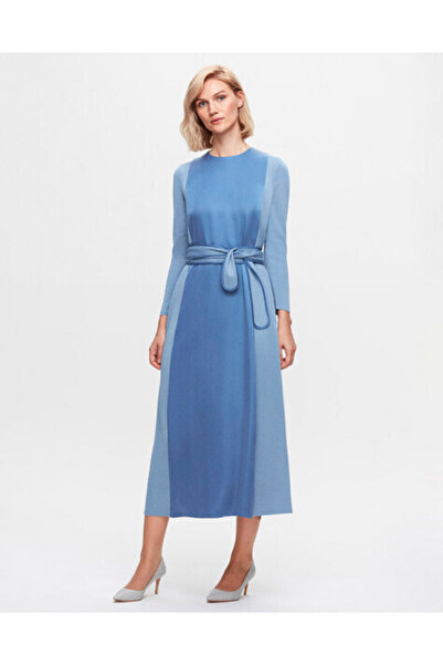 MISS DALIDA T25K-4005 Beli Kuşaklı Cupro Detaylı Mavi Elbise