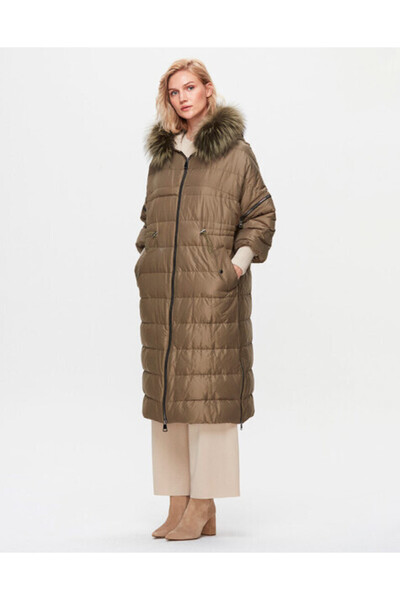 MISS DALIDA T25K-8018 Kapişonu Kürklü Şişme Mont GREEN