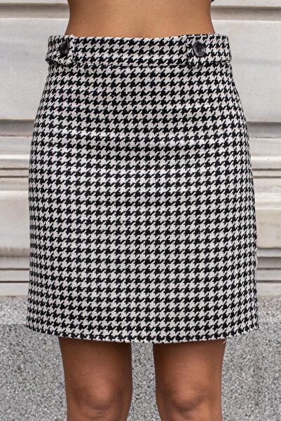 Jument Women's Thick Tweed Fabric Houndstooth High Waist Buttoned Skirt-Black Houndstooth