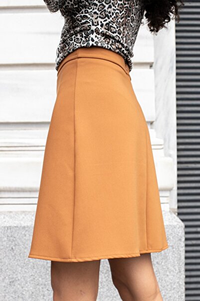 Jument High Waist Lightweight Stretch Fabric Fabric Knee Length Bell Skirt-Tan