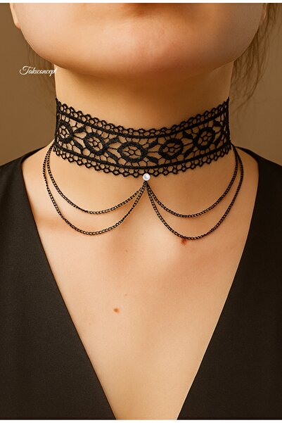 TakıConcept Kristal Damla Detaylı Siyah Dantel Choker, Kadın Kolye, Siyah Kolye