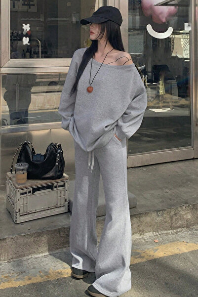 BLUE STREET Kadın Düşük Omuz Yumuşak Basic Sweat Eşofman Takımı