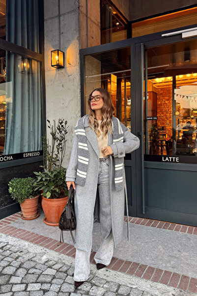 Sue Store Gray Melange Belted Lined Oversized Wool Coat