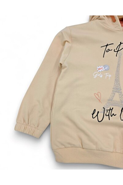 VOY KİDS Girl Child 6-7-8-9-10 Years Old Transitional Hooded Paris Printed Bottom Top Tracksuit Set