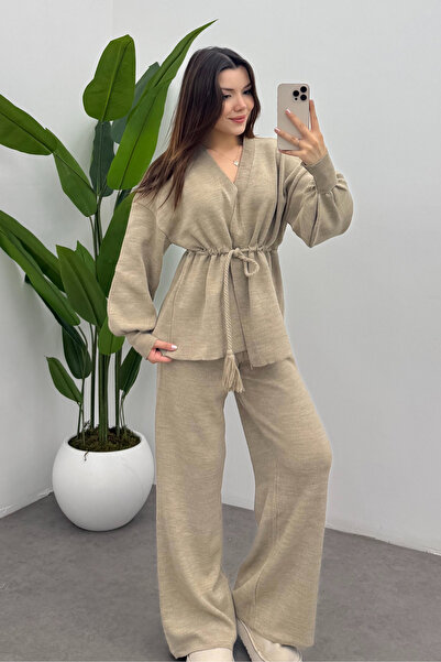 Bipantolon Women's Cream Waist Tassel Lace-Up Detailed Cardigan Pants Two-Piece Knitwear Set