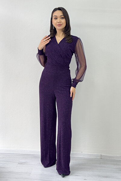 zks grup tekstil Women's Silvery Double-Breasted Neckline Tulle Sleeve Evening Dress Jumpsuit Purple, Black, Navy Blue, Burgundy, Silver, Green