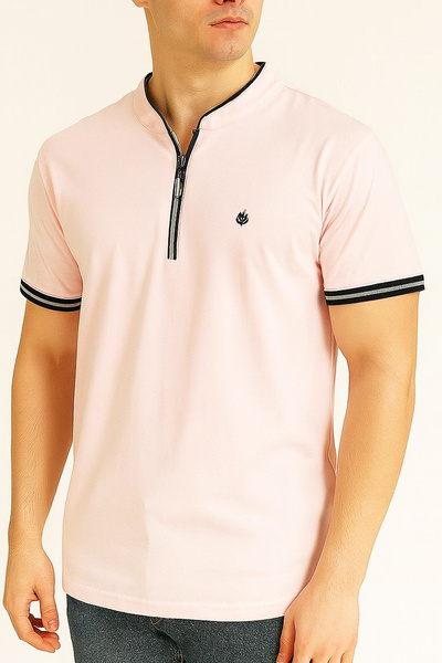 ARL Hakim Yaka Gray Zipper Detail Light Pink T-Shirt
