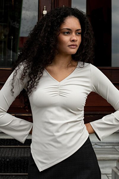 Jument Women's Stretch Fabric Flexible Lightweight Shiny Fabric V-Neck Gathered Long Sleeve Asymmetrical Blouse-Stone