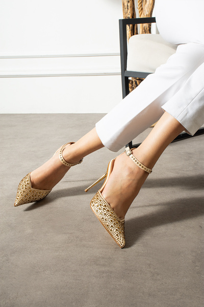 Güllü Shoes Gold Yellow Stone Ankle-Strap Stiletto – 10 cm Thin Heel, Evening Dress & Special Occasion Shoes