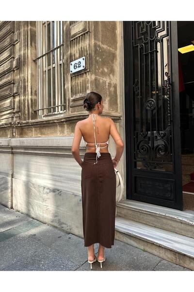 KENE JEANS KADIN KAHVE ÖN YIRTMAÇ DETAYLI ETEK UCU KESİK KETEN ETEK