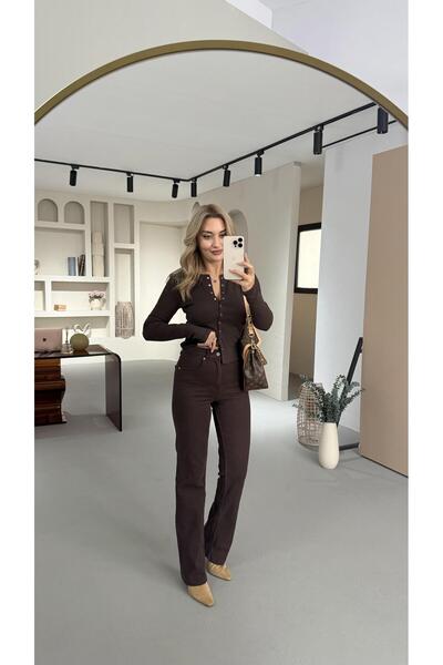 Sezgi Tekin Premium Seri Kesik Paça Straight Fit Kahve Jean