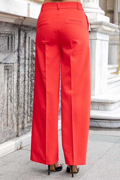 Jument Women's High Waist Side Pockets Wide Leg Relaxed Fit Palazzo Fabric Trousers-Red