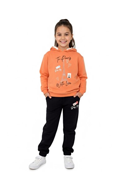 Ege Bebek Girl Child 6-7-8-9-10 Years Old Transitional Hooded Paris Printed Bottom Top Tracksuit Set